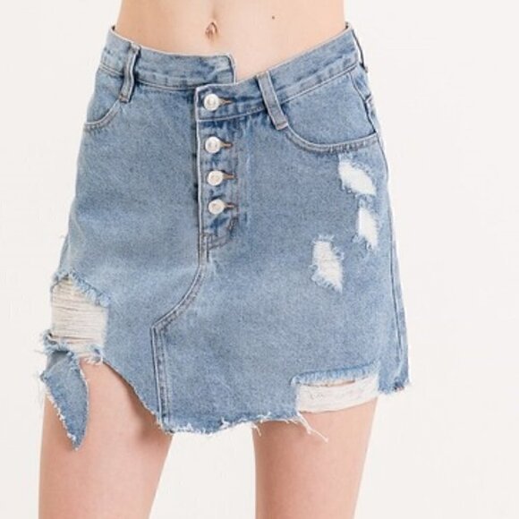 Distress Button front Mini Denim Skirt - Picture 1 of 4